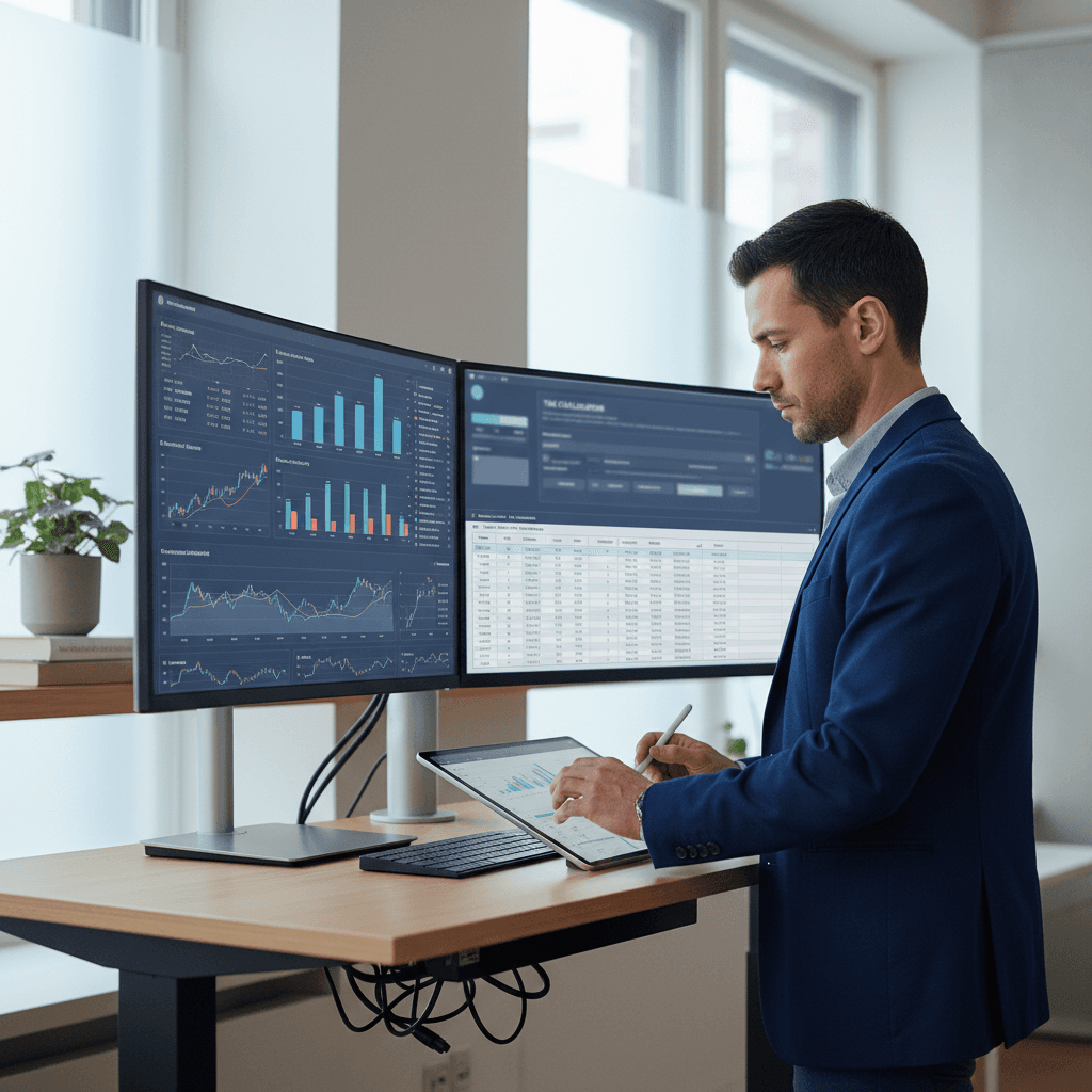 Tax professional reviewing financial documents on dual monitors
