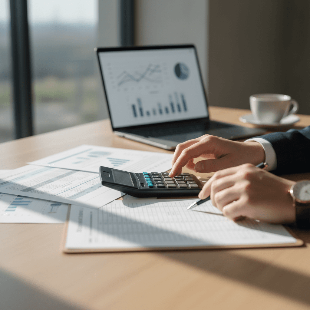 Tax accountant reviewing documents at a modern desk