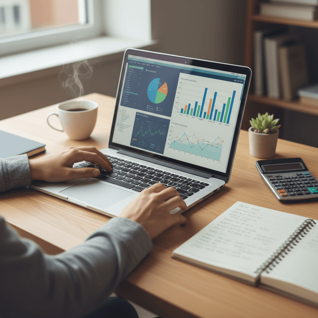 Hands typing on a laptop with financial charts on screen