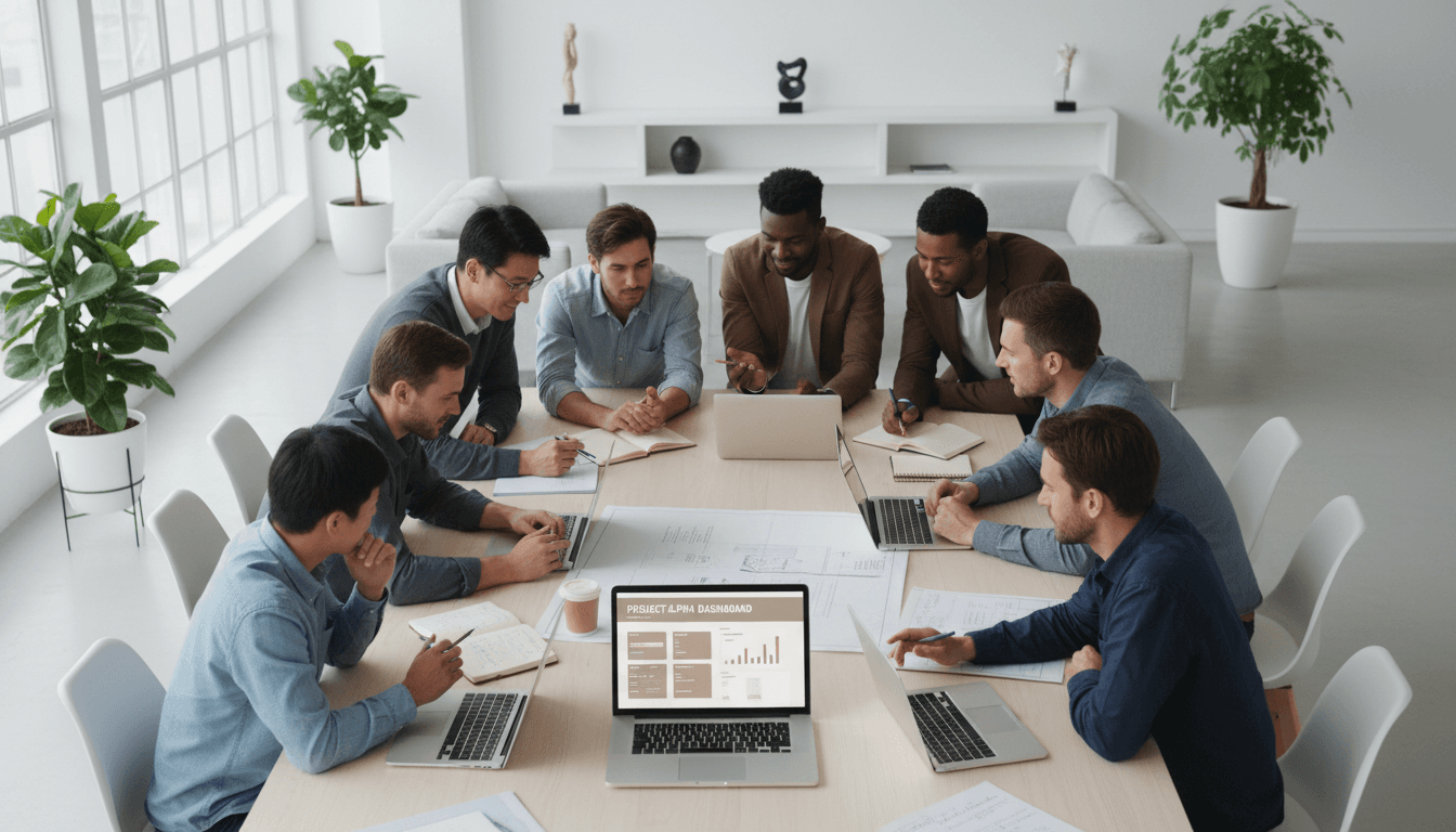 Team members collaborating in a bright modern office