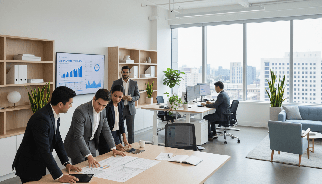 Tax professional reviewing documents at a modern desk