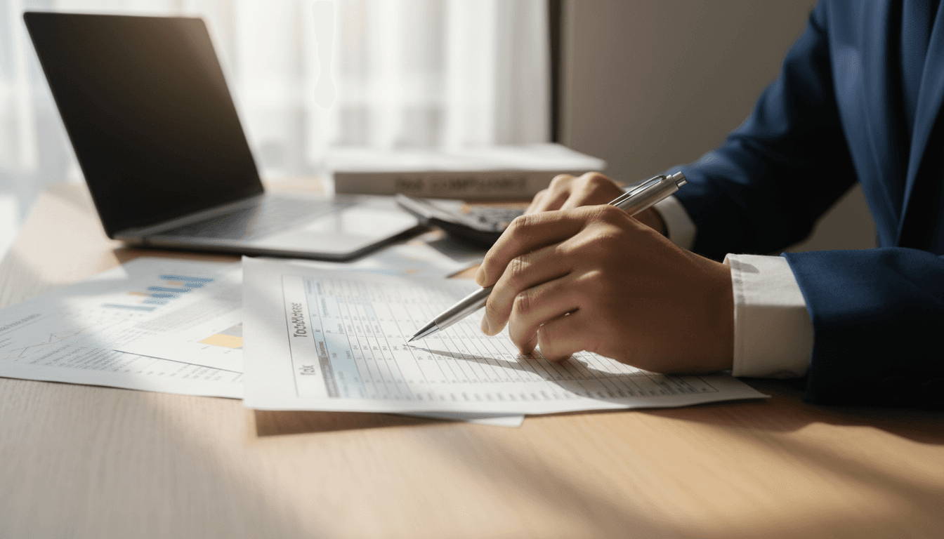 CPA reviewing tax documents on a computer in a bright office