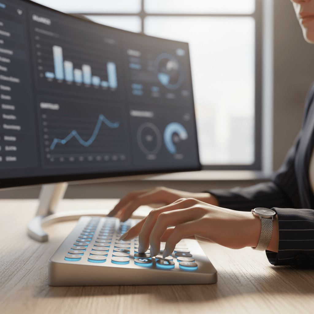 Hands typing on a laptop displaying financial charts and data