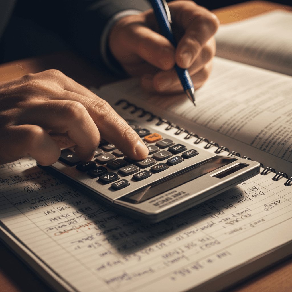 Hands typing on laptop with tax forms nearby
